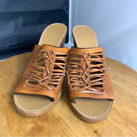 J. CREW Sandals Womens Sz 7.5 Marlow Tan Brown Woven Huarache Mule Heel Leather - Picture 3 of 11